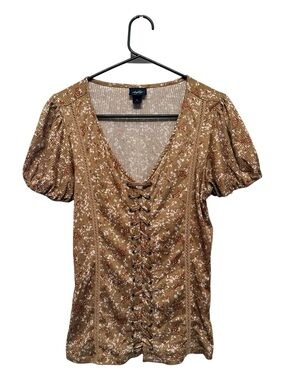 Vintage Y2K Fairy Style Daytrip Lace-Up Puff Sleeve Floral Top - Brown Medium